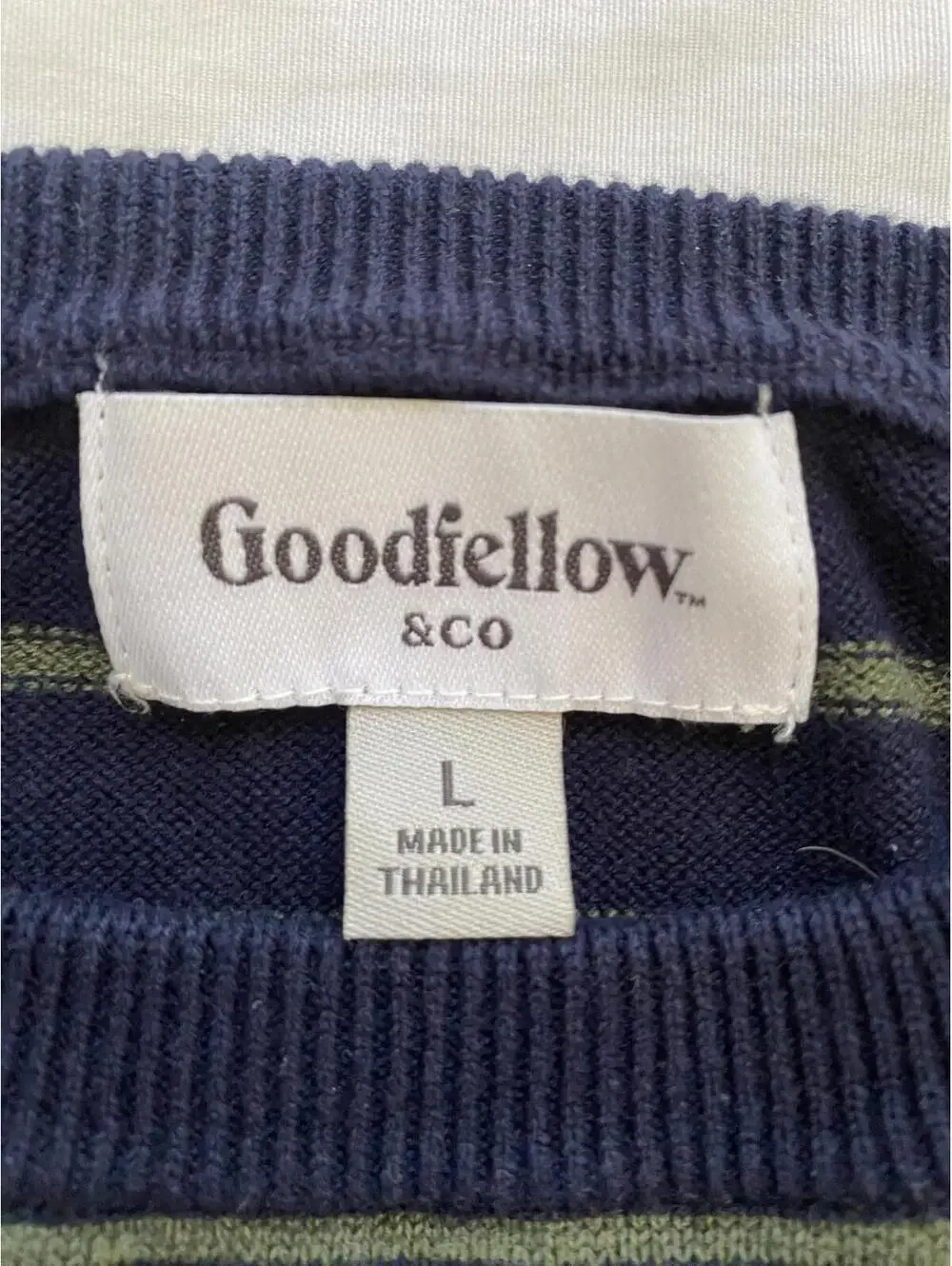 Goodfellow & Co Navy Blue and Olive Striped Sweater Large